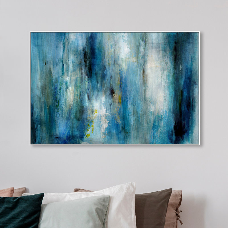 Abstrait bleu abondant / pluie blanche - Impression sur toile, H 30 po x l 45 po, Cadre flottant blanc