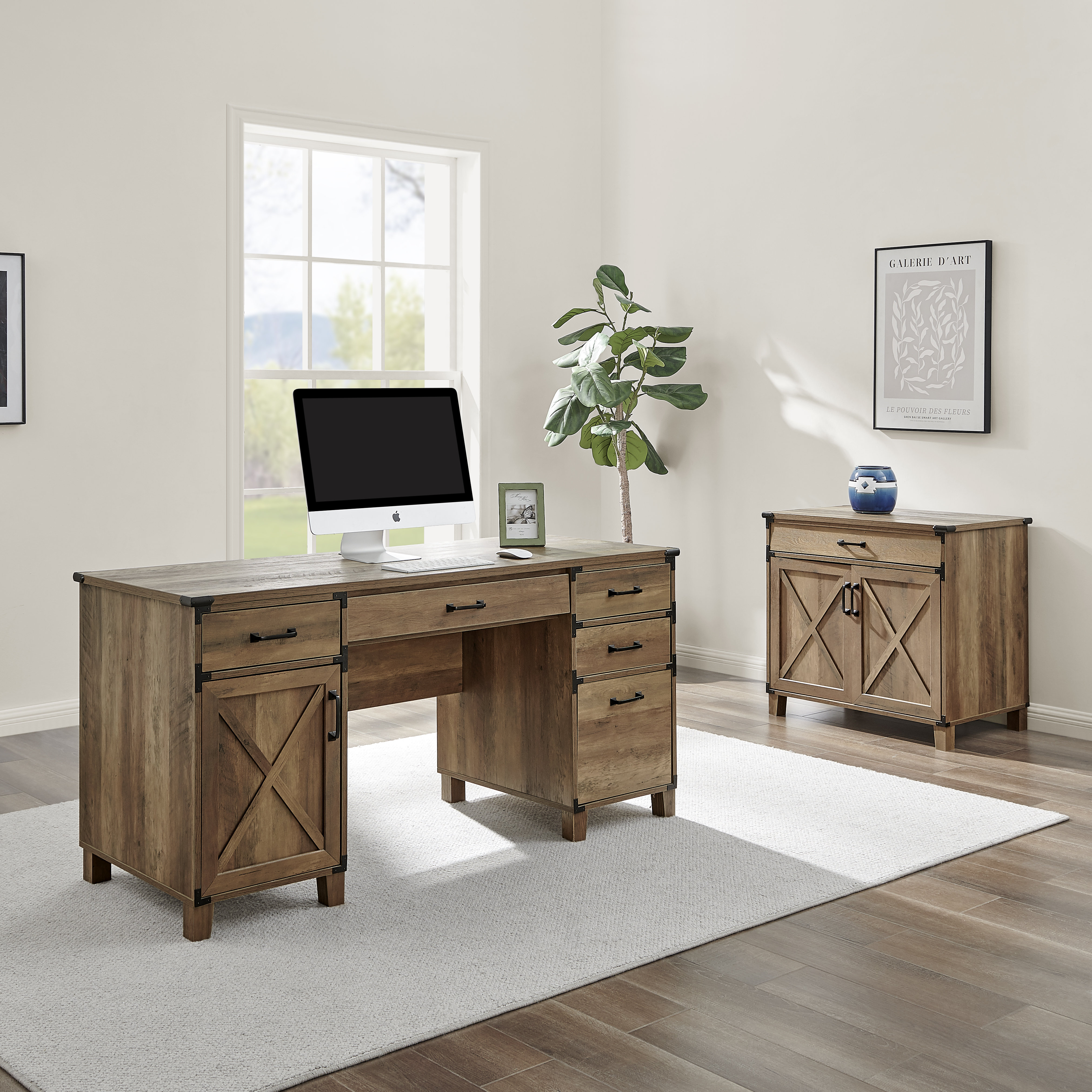 2-Tier Wooden Desktop Office Supplies Organizer Cabinet w/ 2 Storage  Drawers Set