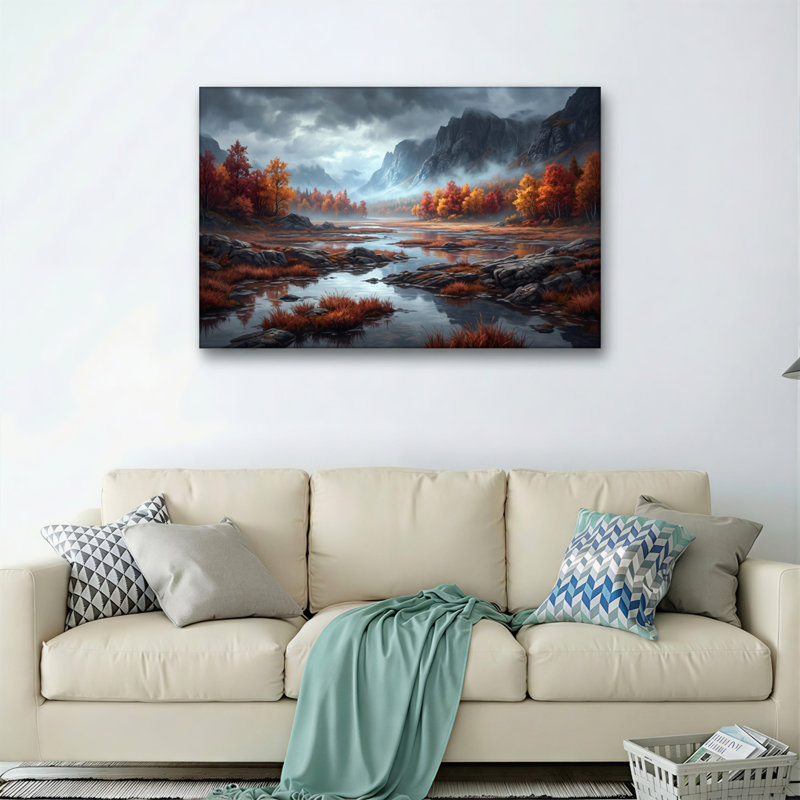 Ensemble de 1 tableau sur toile représentant un paysage d'automne, H 32 po x l 48 po, Toile tendue