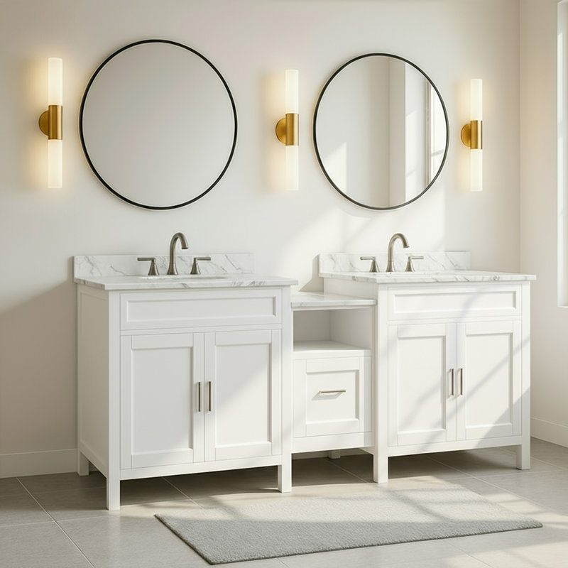 Meuble-lavabo double 90 po - Finition blanche, Blanc