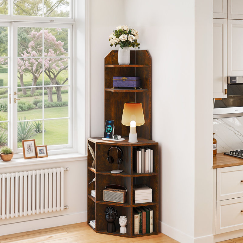 Darley Corner Shelf with USB Ports & Outlets, Wooden Display Bookshelf Bookcase, Retro Brown