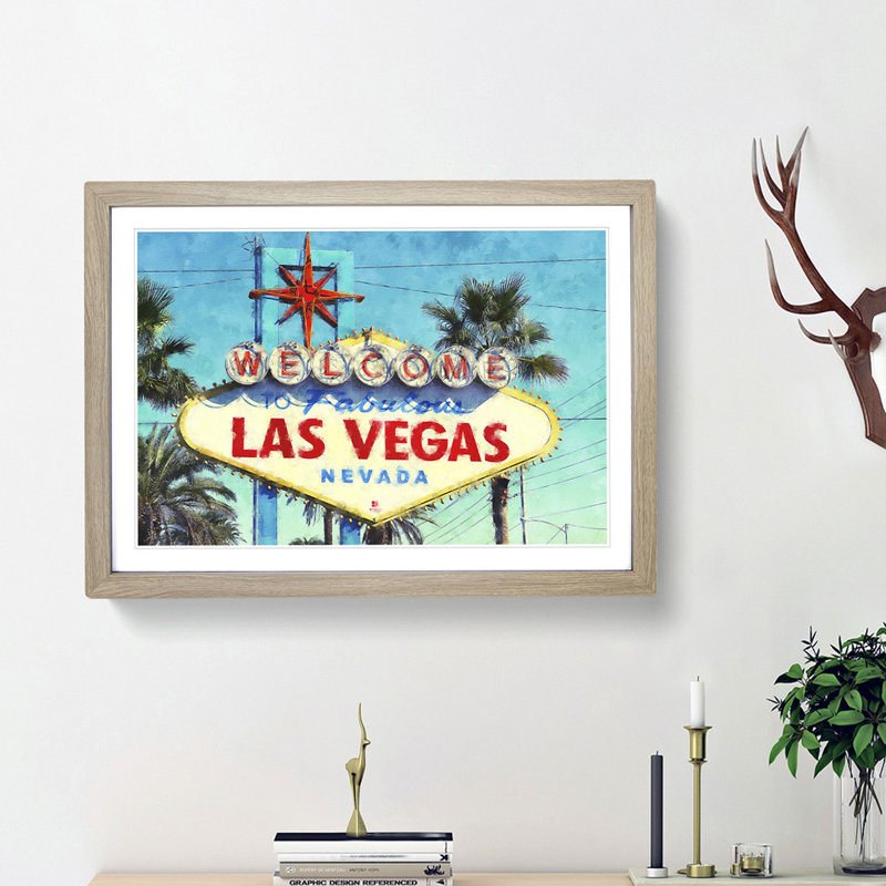 The Welcome to Las Vegas Sign - Picture Frame Painting Print, Oak Framed, 24cm H x 33cm W x 2cm D