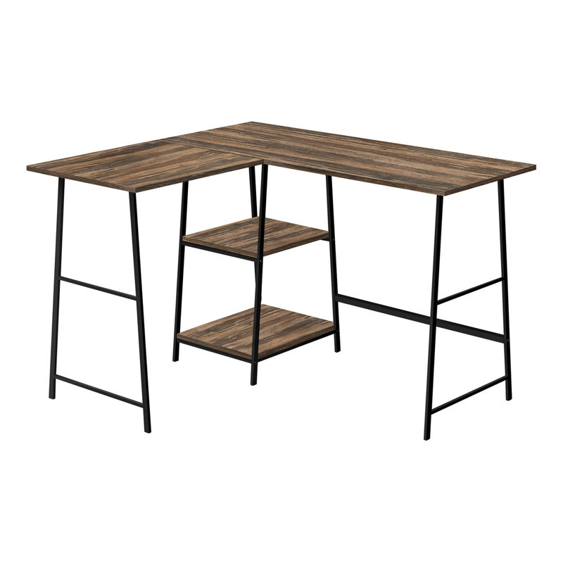 Bureau d'ordinateur, bureau personnel, coin, tablettes de rangement, L 48 po, forme en L, travail, ordinateur portable, stratifié brun, métal noir, contemporain, moderne