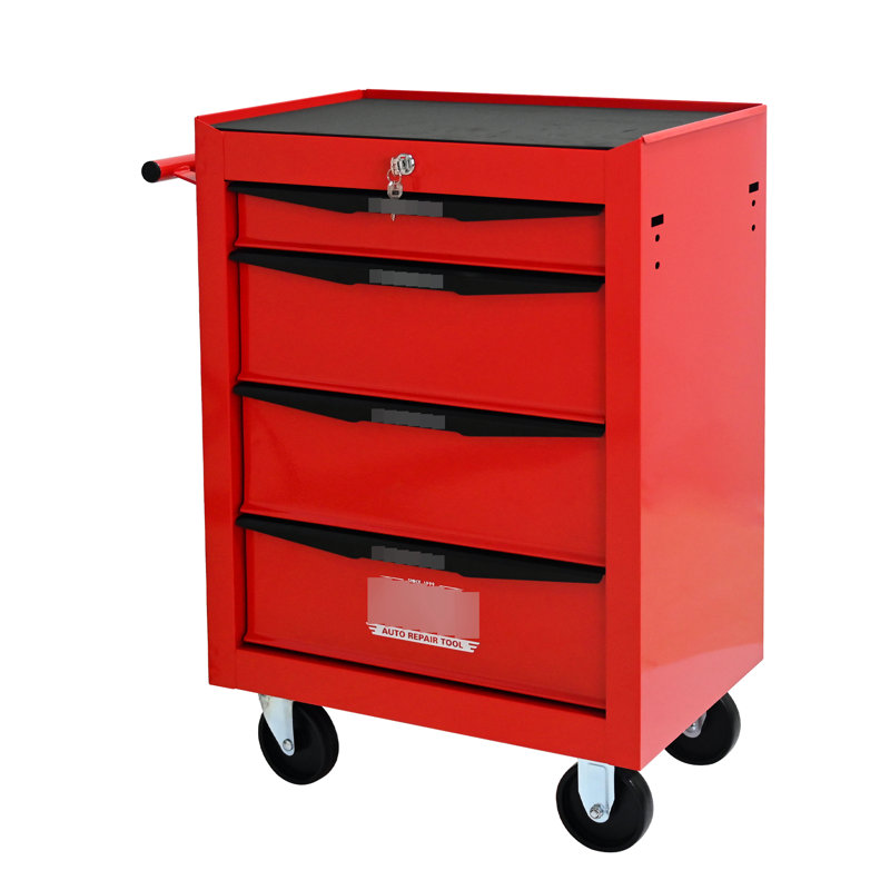 Armoire à outils roulante en métal, 4 tiroirs avec glissières à roulement, rouge et noir, surface de rangement supplémentaire pour rangement fréquent, chariot d'organisation