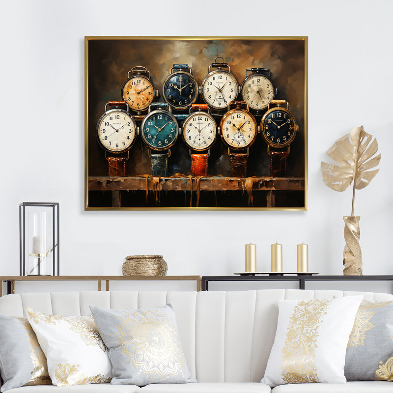 Art rétro, horloges rétro 2, H 34 po x l 44 po x P 1,5 po, Cadre flottant doré