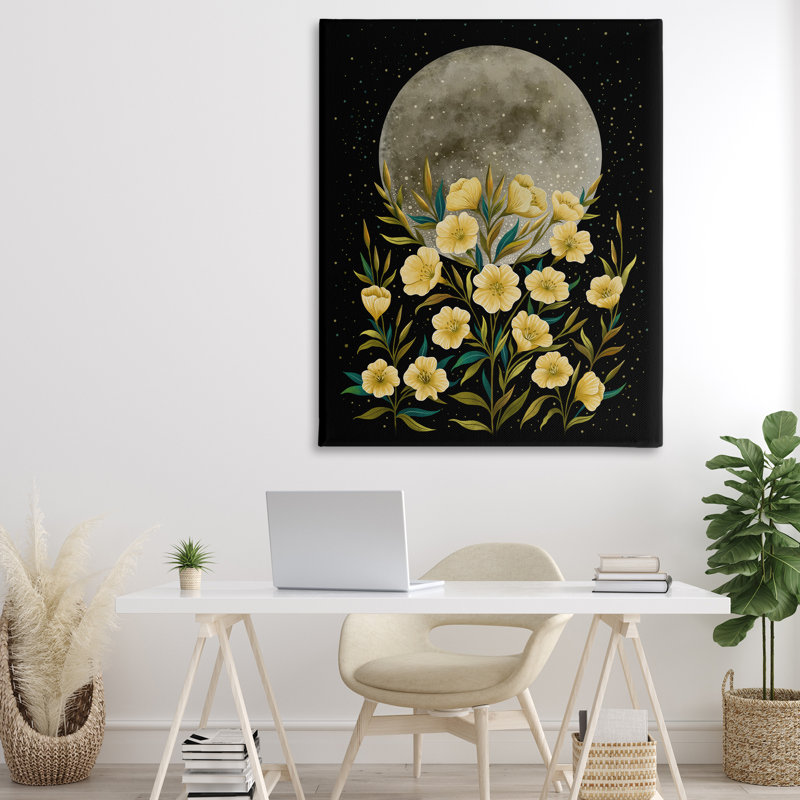 Toile lune avec fleurs jaunes, conception par Episodic Dessins, H 48 po x l 36 po