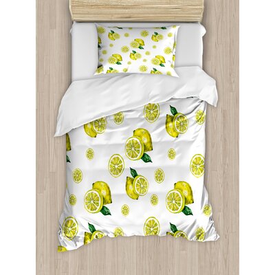 Modern Lemon Figures with Slices and Leaves Summer Season Fresh Fruit Watercolor Duvet Cover Set -  Ambesonne, nev_31918_twin