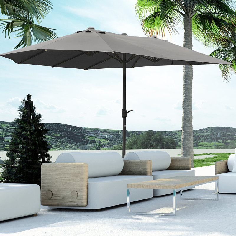 Parasol de patio de 15 pieds - Parasol extérieur rectangulaire en acier double face, gris foncé, protection contre le soleil, manivelle facile, matériau durable gris 15 pi avec base. Parasol de parasol. Acier, intempéries