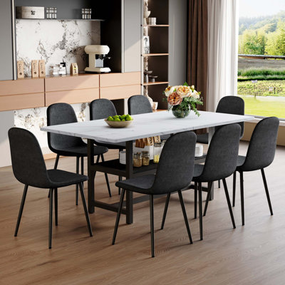 Ensemble de table et de chaises, table de salle à manger épissurée à grain 71 * 35,4 pouces avec fonction de rangement au milieu des pieds de la table, jumelée à 8 chaises en lin et coton à haute résilience