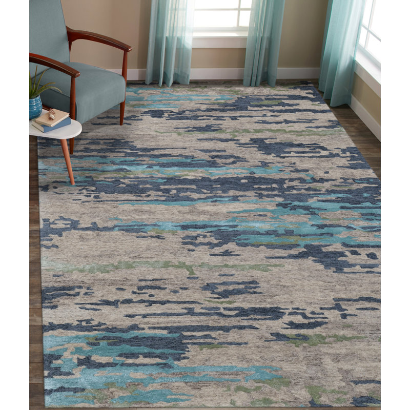 Tapis décoratif bleu/beige Touffeté à la main Husman, Rectangle 2 pi x 3 pi