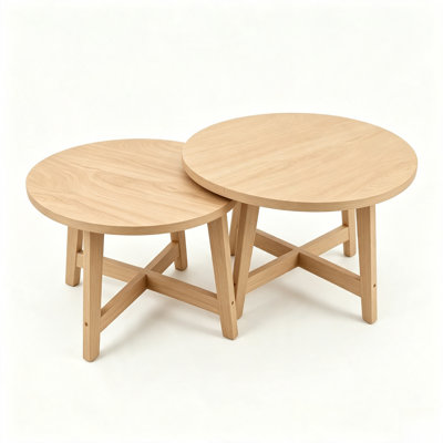 Ensemble de 2 tables basses gigognes rondes, tables de bout empilables en panneau de fibres à densité moyenne beige avec cadre de support en X, tables d'appoint modernes et multifonctionnelles pour le salon, la chambre à coucher, l'appartement
