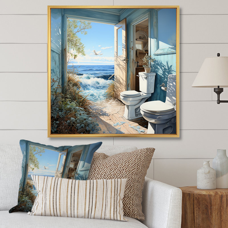 «Oceanic Escape Toilette Pointillism» - Imprimé, H 30 po x l 30 po x P 1 po, Cadre flottant doré