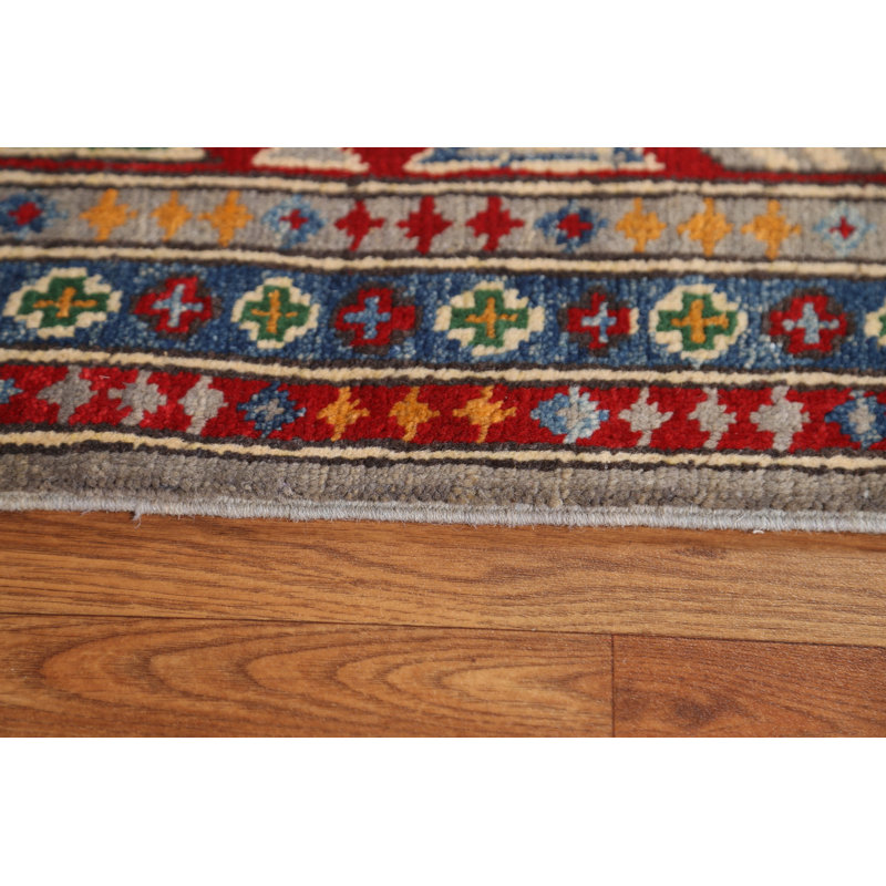 Tapis gris / rouge / orange en laine noué à la main de conception unique 6 pi 9 po x 9 pi 8 po New Age