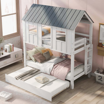 House Bunk Bed With Trundle,Roof And Windows