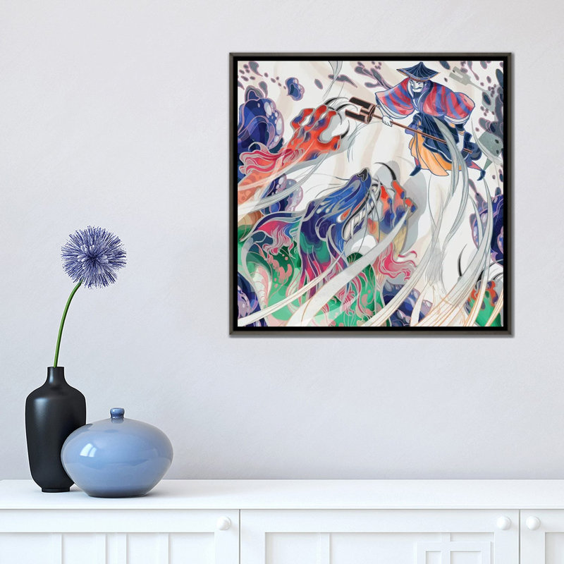 " Water Beast " by Sija Hong, Dark Rustic Wood Framed Canvas, No Mat, 18" H x 18" W x 1.5" D