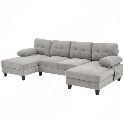 U-Shaped Sectional Sofa 103.5" Chenille Fabric Couch With Dual Chaise Lounges, Storage Pockets And Armrest Pillows For Living Room, Grey