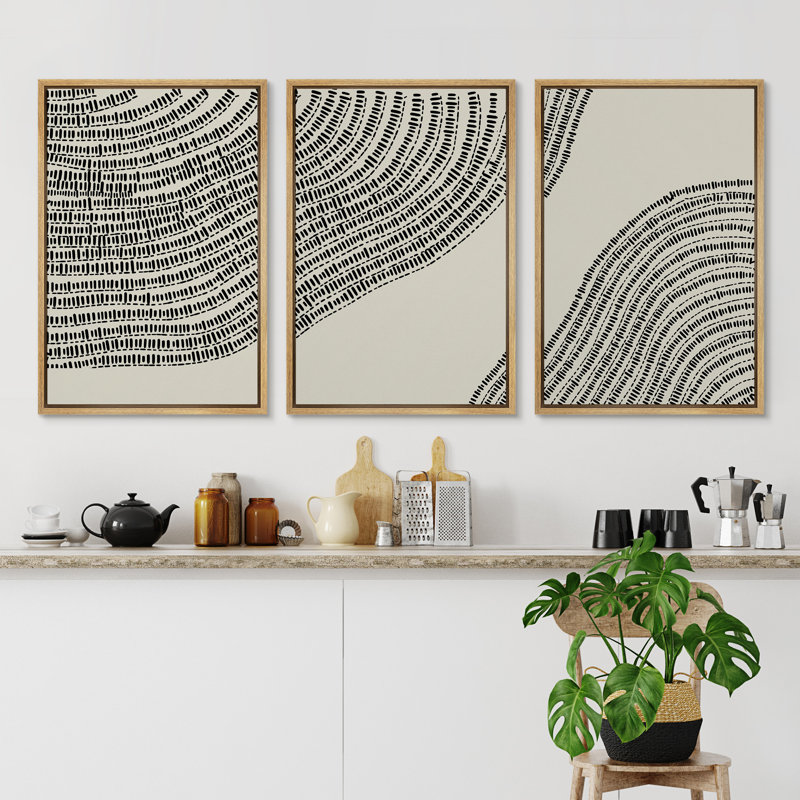 Tree Ring " Line Art Geometric Wood Tree Ring " 3 - Pieces, 24" H x 48" W, Natural Floater Framed
