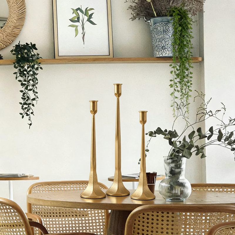 Gold Iron Taper Candle Holders, Set Of 3 Tall Candlesticks For Wedding Dining Table Home Decor, Gold