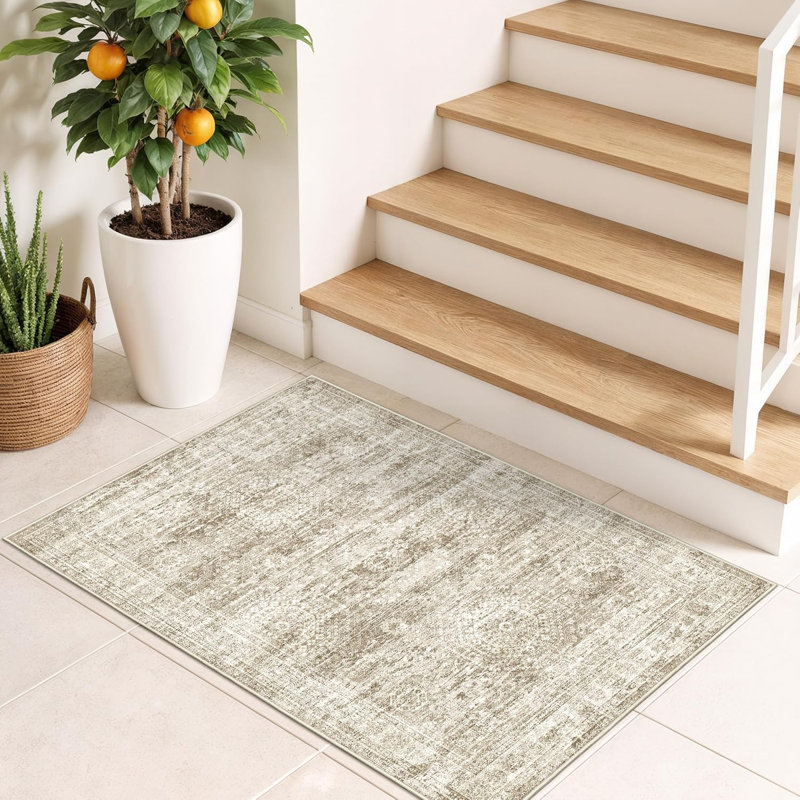 Vintage Distressed Non Slip Washable Rug(Brown), Rectangle 2' x 3'
