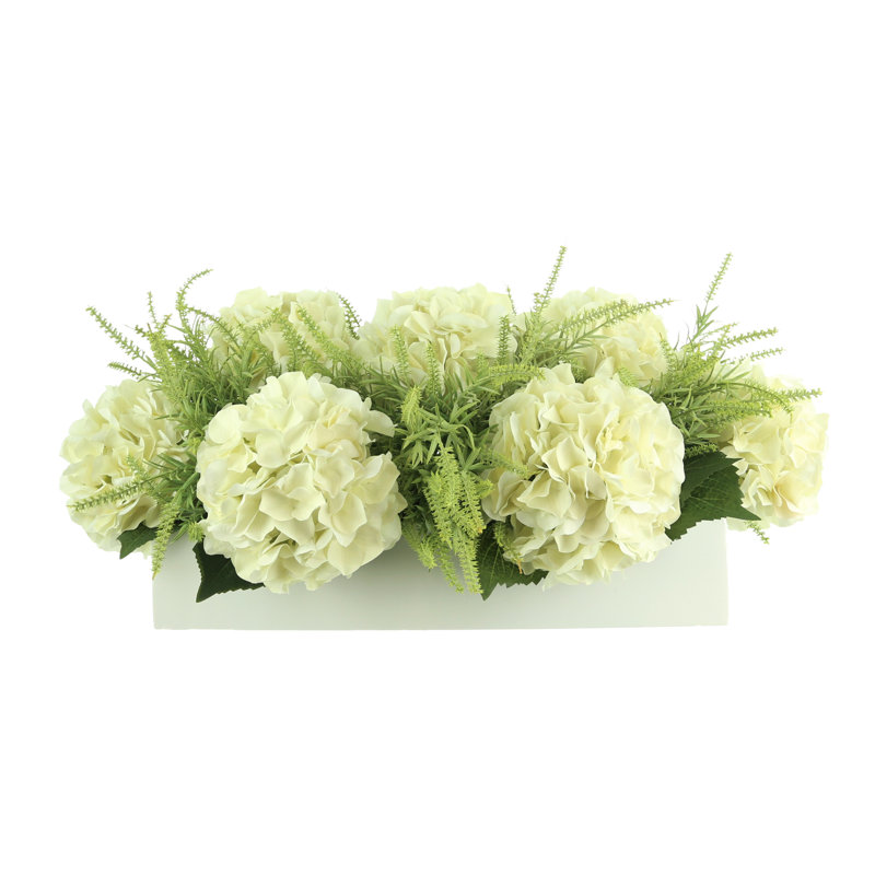 Polysilk Hydrangea Arrangement in Planter, White, Green