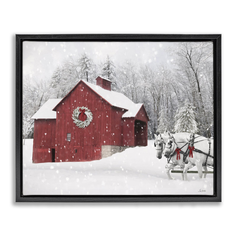 Toile enneigée rouge avec toile de neige par Lori Deiter, H 25 po x l 31 po, Cadre flottant noir de jais