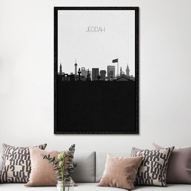 Jeddah, Saudi Arabia City Skyline by Ayse Deniz Akerman - Print on Canvas, Black Framed Canvas, 66.04 cm H x 45.72 cm W