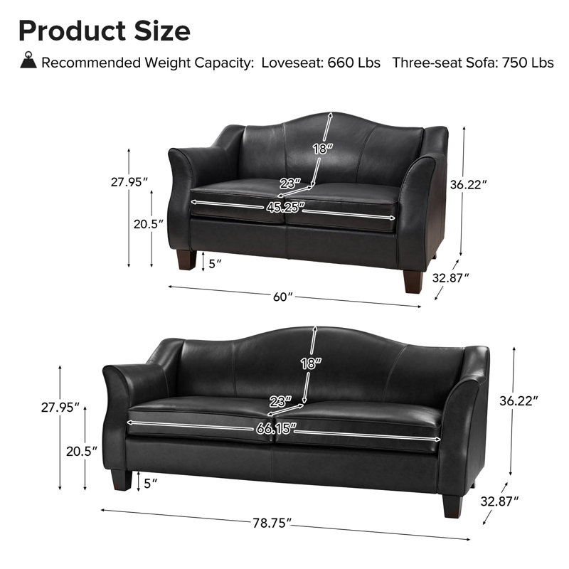 Prayan 78.85" Genuine Leather Living Room Set, Black Genuine Leather