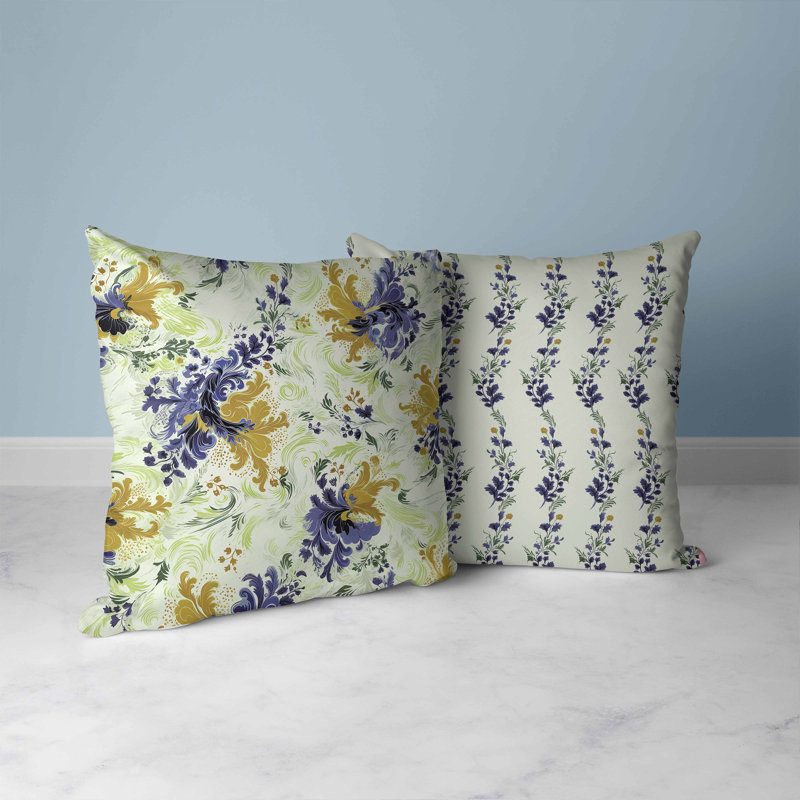 Green and Gray Floral Reversible Indoor/Outdoor Throw Pillow