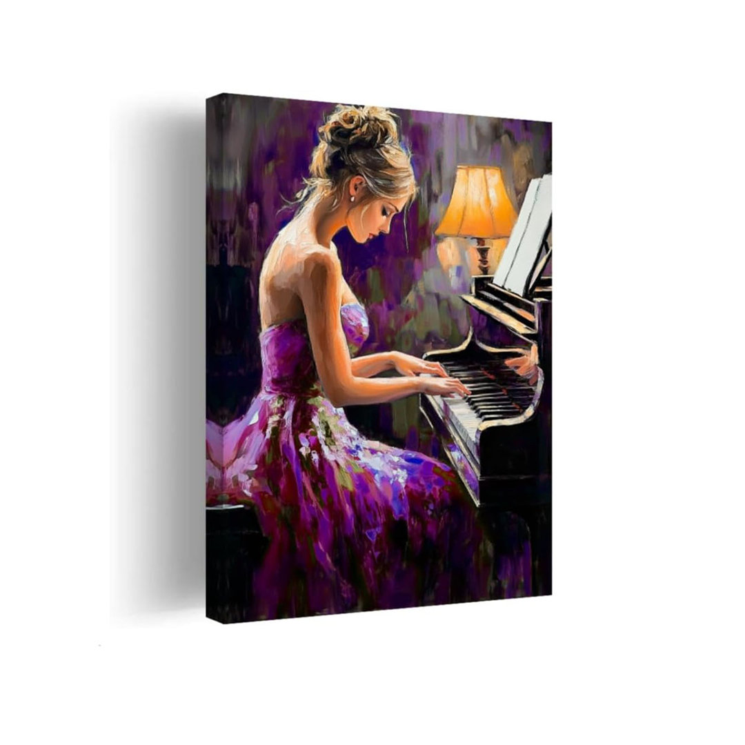 Black Girl Wall Art Female Playing Piano Pictures Black Woman Music Canvas Prints African American Paintings Music Club Decor Framed(Purple,16L x 20W)