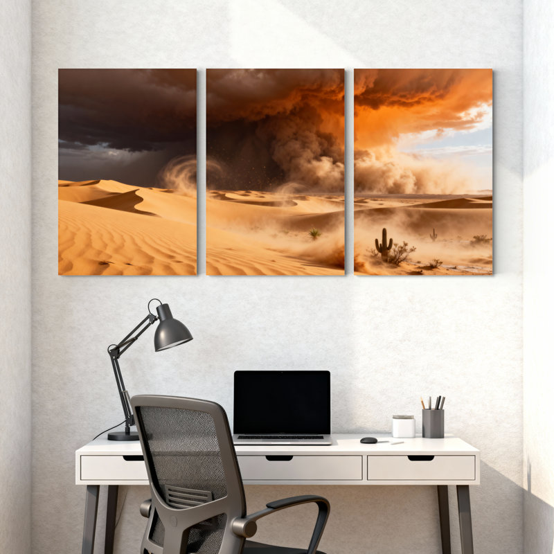Scénario et paysages urbains, tempête de sable, dunes de sable, cactus, ciel, réflexions, ensemble de 3 impressions sur toile