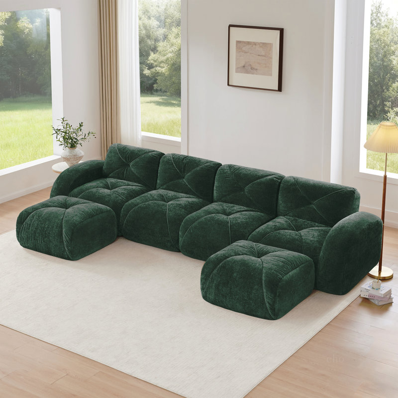Canapé en forme de U sans os, conception capitonnée, fond en éponge haute densité 32D, conception antidérapante, aucun assemblage requis, combinaison libre, repose-pieds mobiles pour le salon, cinéma maison, vert