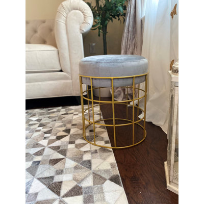 Alanea 15" Round Velvet Accent Stool with Gold Metal Cage Base