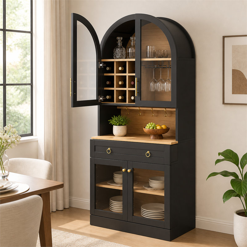 Meuble bar/cave à vin noir arqué de style milieu du siècle, 70 pouces – Portes en verre trempé, emplacements pour bouteilles, porte-verres à pied, crochets et tiroirs