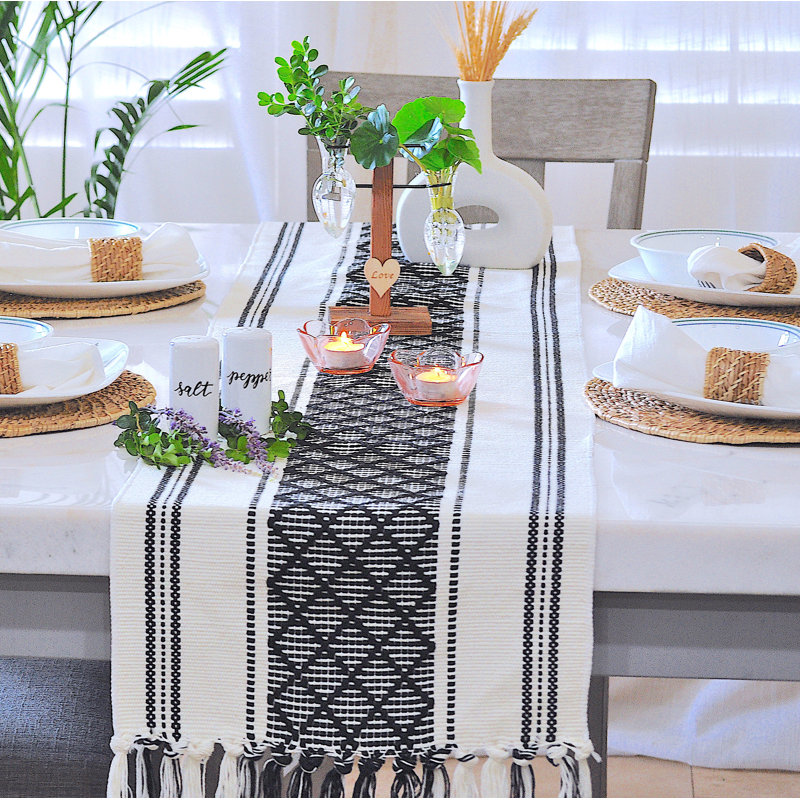 Black and Cream Cotton Woven Table Runner with Tassels