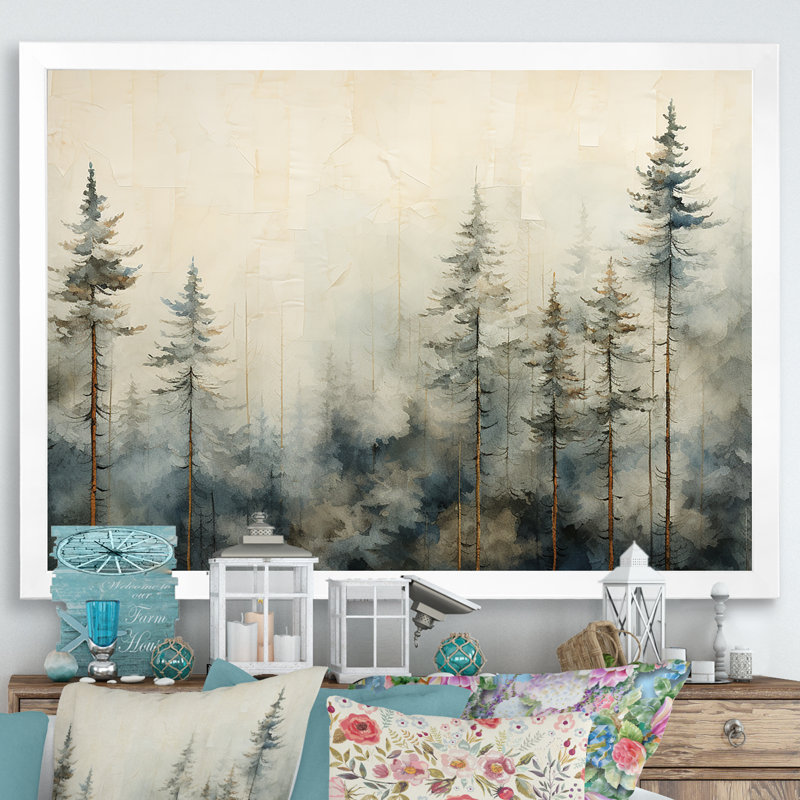 Minimalism Winter Pine Forest, White Single Picture Framed, 16" H x 32" W x 1" D