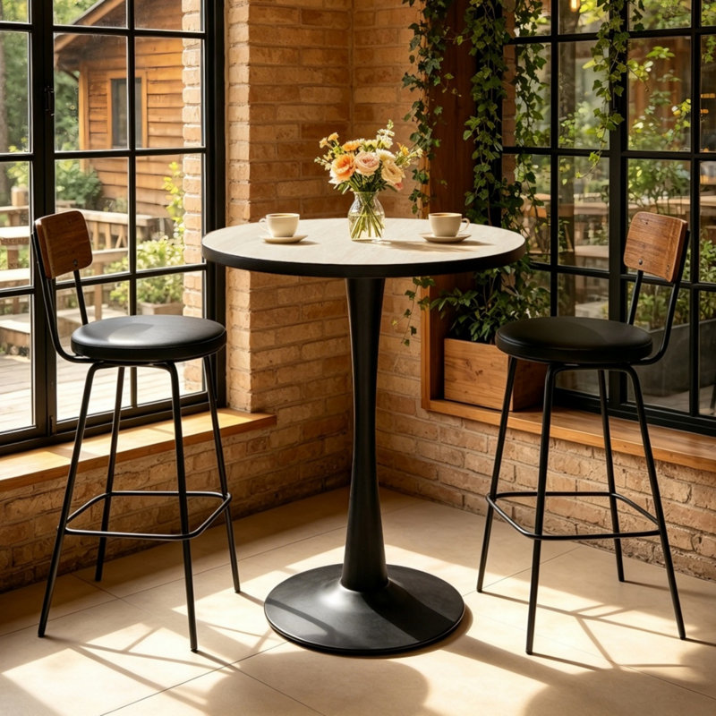 Round Marble Top Dining Table with Iron Base, Travertine