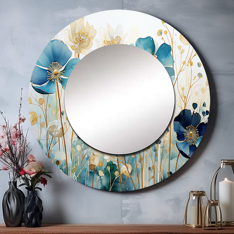 Preslav Blue Botanical Rhythms III - grand miroir botanique, miroir mural rond bleu, impression sur métal, 36 po x 36 po