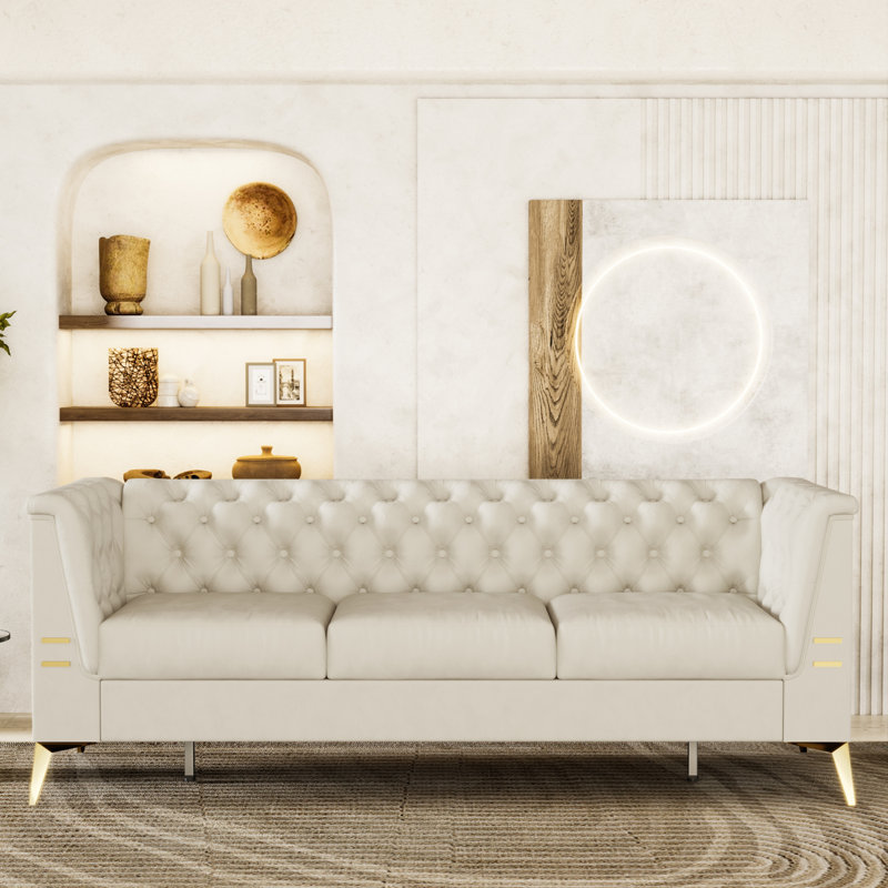Canapé Chesterfield Tharyn, Velours beige