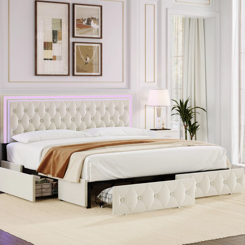 Ancuta Velvet Upholstered Platform Bed with RGB LED Lighting and Storage Drawers, King