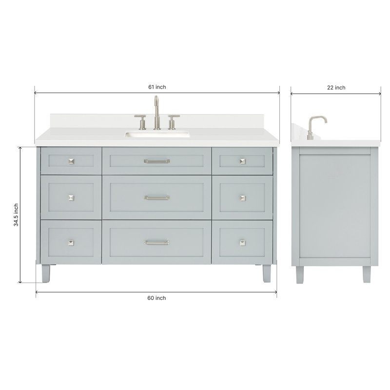 ARIEL Monroe 61 Single Sink Bathroom Vanity with Pure Quartz Top, Gray, Brushed Brass, 61"
