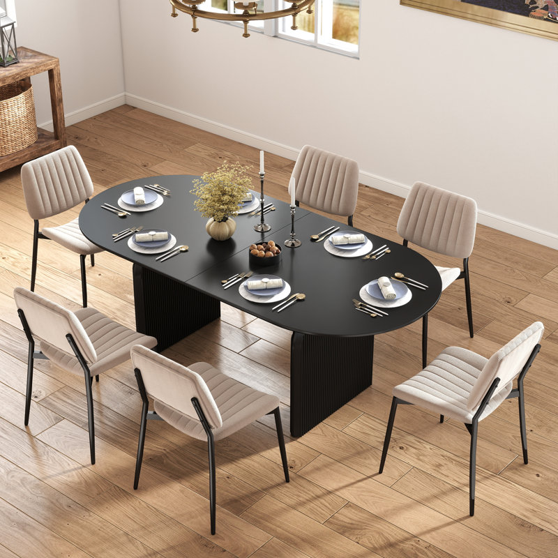 Ensemble de salle à manger ovale, table de salle à manger 70 po et chaises rembourrées en lin, Noir, 7 pièces, Beige