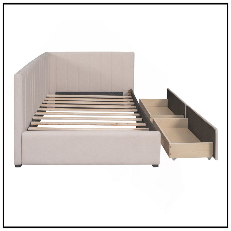 Upholstered Daybed With 2 Storage Drawers, Twin Size Sofa Bed Frame, No Box Spring Needed, Linen Fabric, Beige