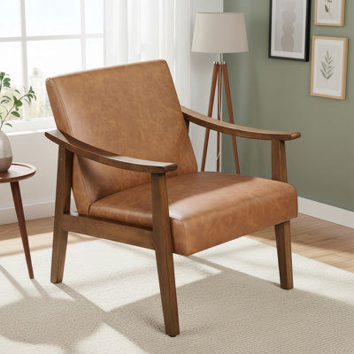 Brown, PU Leather High-Back Armchair, Mid-Century Modern Style, Solid Wood Legs; Suitable For Living Room, Bedroom, Waiting Room, Or Reading Room.