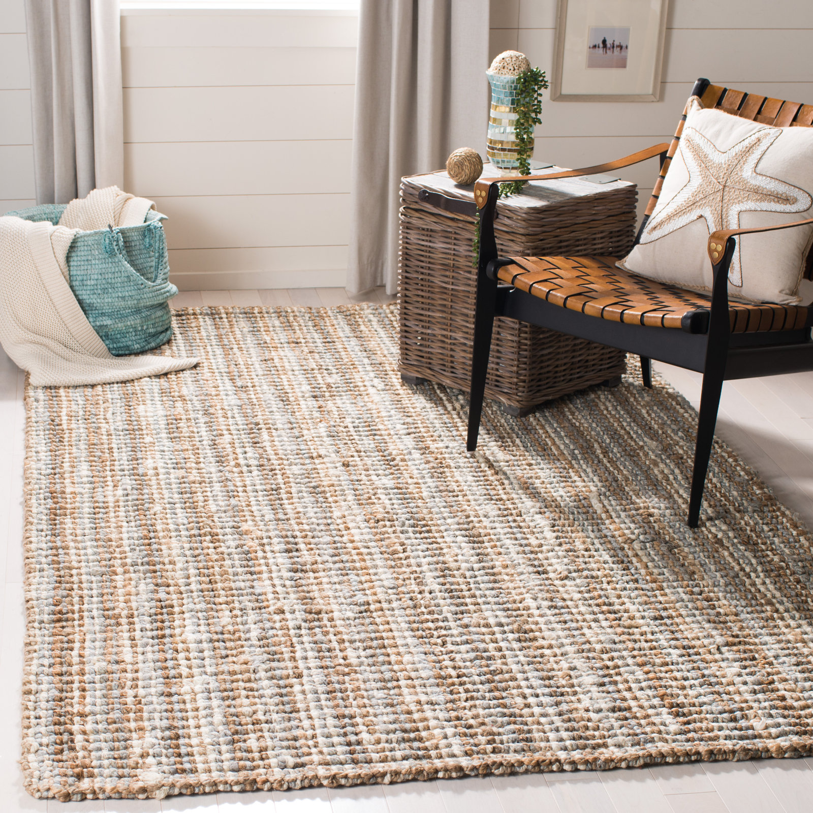 Alda Gray Natural Hand-Woven Striped Jute Rug, Rectangle 4' x 6'