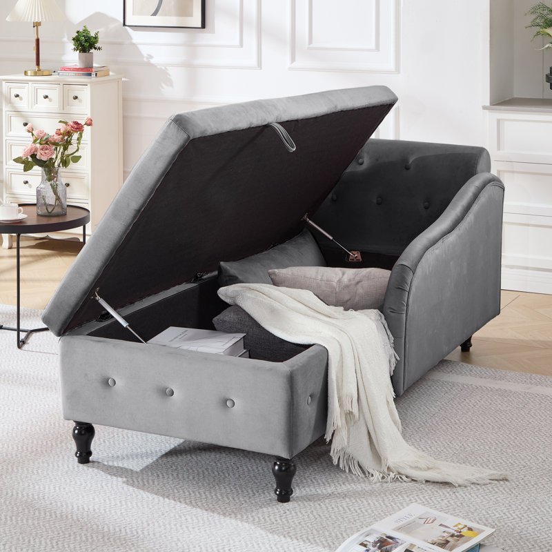 Méridienne surdimensionnée rembourrée en velours avec rangement caché L 74 po Maci, Orienté à droite, Gris foncé