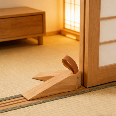 1-Pack Large Wooden Door Stopper With Silicone Pads - 6.3 Inch Beech Wood Wedge For Bottom Of Door, Anti-Slip Floor Safe For All Door Types, Includes Leather Hanger For Storage