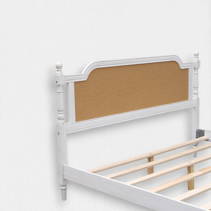Retro Rattan with Pinewood Platform Bed, French Provincial design, Bedroom Set Avaiable, White/Walnut, Queen