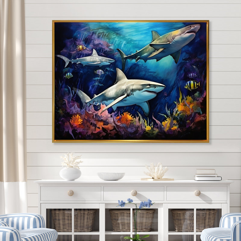 Shark Haven Under Water Painting - Shark Wall Art, 30" H x 40" W x 1.5" D, Gold Floater Framed