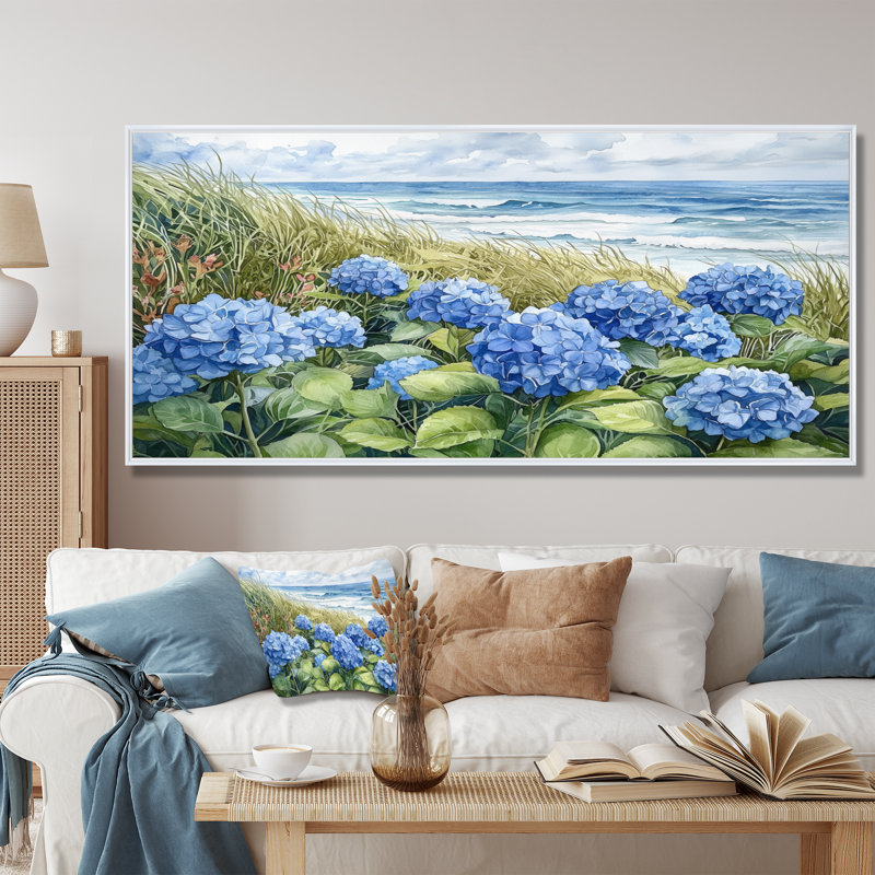 Hortensias dans le jardin côtier III - Hydrangées, reproductions encadrées, H 28 po x l 60 po, Blanc