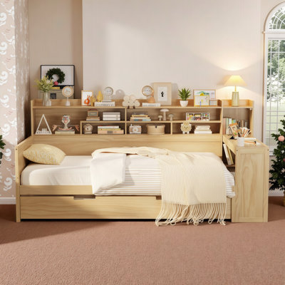 Space-Saving Wood Daybed with Twin Trundle, Built-In Study Desk & Multi-Tier Storage Shelves for Full Mattress